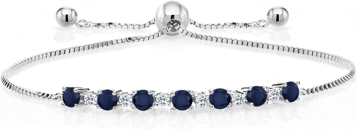Gem Stone King 925 Sterling Silver Blue Sapphire and White Topaz Tennis Bracelet For Women (1.34 Cttw, Gemstone Birthstone, Fully Adjustable Up to 9 Inch)