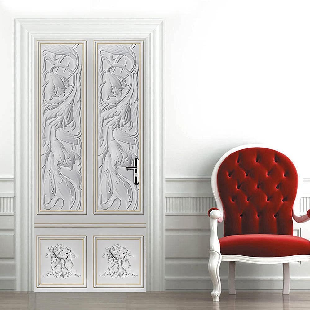 Sticker Porte Effet 3D Palais Chinois - Motif Fleur Botanique Luxueux, 77x200 Cm, PVC Amovible - 14