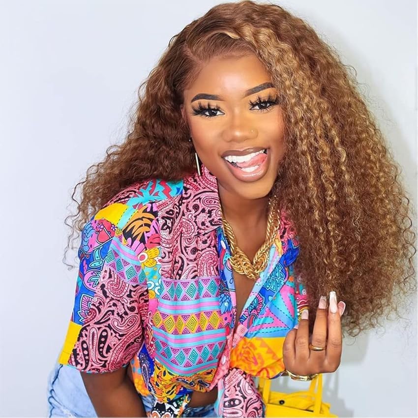 CYNOSURE 18 Inch Highlight Ombre Deep Curly Lace Front Wigs Human Hair 13x5 HD Transparent Lace Frontal Wig Honey Blonde Jerry Curly Wig Human Hair Pre Plucked 180 Density for Women