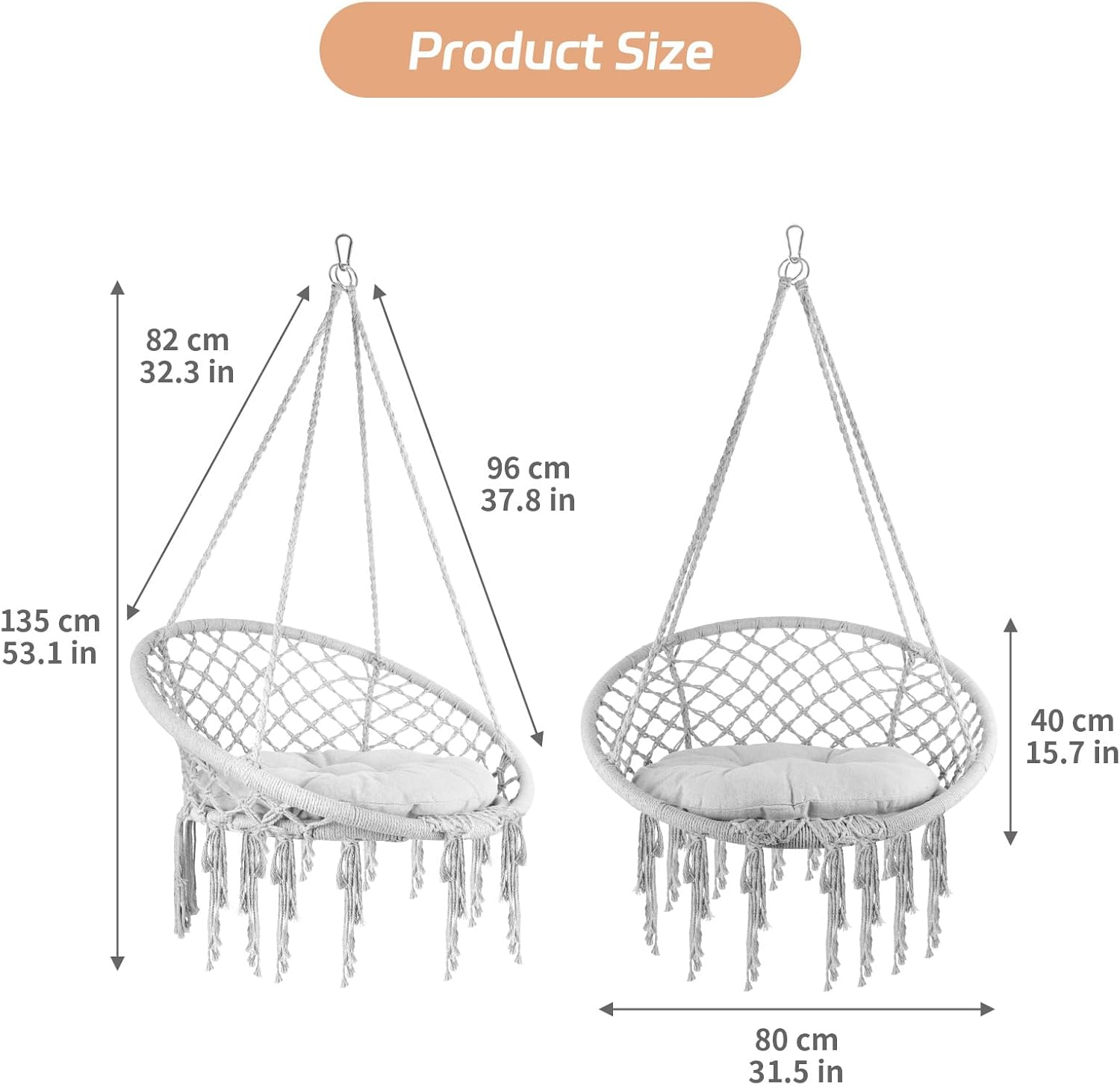 Macrame Hammock Hanging Swinging Chair with Soft Cushion, Handwoven Cotton Hammock Chair Perfect for Bedroom, Porch, Adults, Balcony, Beige (Grey)