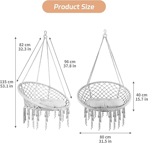 Miniatura 6 de Hamaca de macramé beige, silla colgante de cuerda de algodón tejida a mano con cómodo cojín, elevación de 50 pies y capacidad de 500 libras, diseño