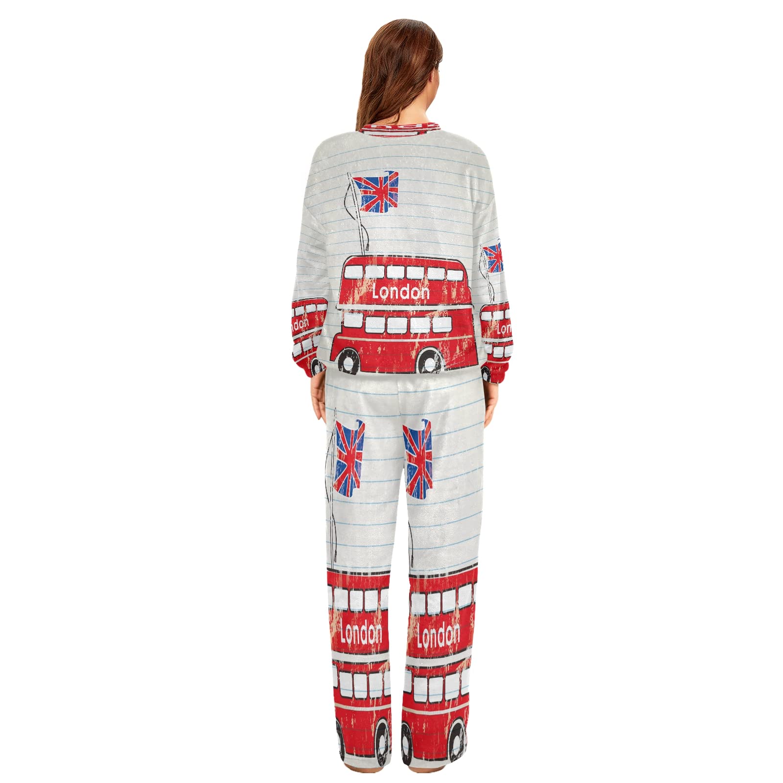 Mnsruu Juego de pijamas de franela con bandera británica de Londres Bus para mujer, 2 piezas, ropa de dormir de manga larga, conjuntos de salón