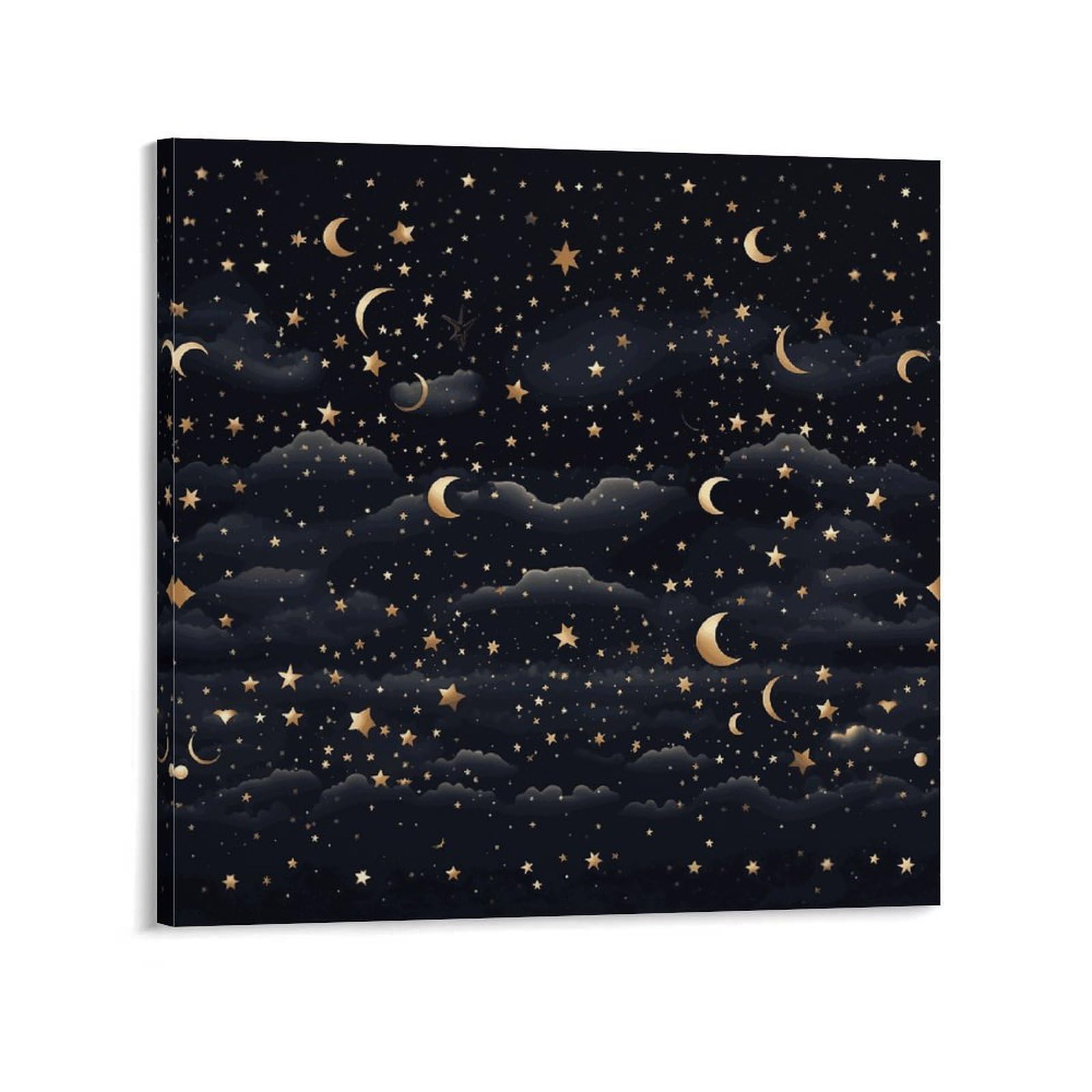 KLOPH Stars And Moon on Dark Background Canvas Wall Art for Living Room 08x8inch Modern Artwork Painting for Bathroom Hanging Canvas Prints Aesthetic Wallart for Bedroom Kitchen Office Wall Decor