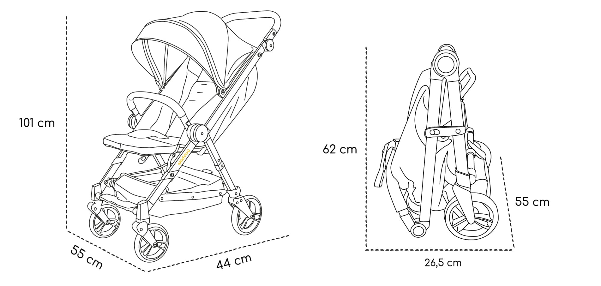 skiddoü passeggino leggero Mell, ruote grandi ammortizzanti, da viaggio pieghevole, schienale regolabile, impermeabile, zanzariera, fino a 22 kg, nero