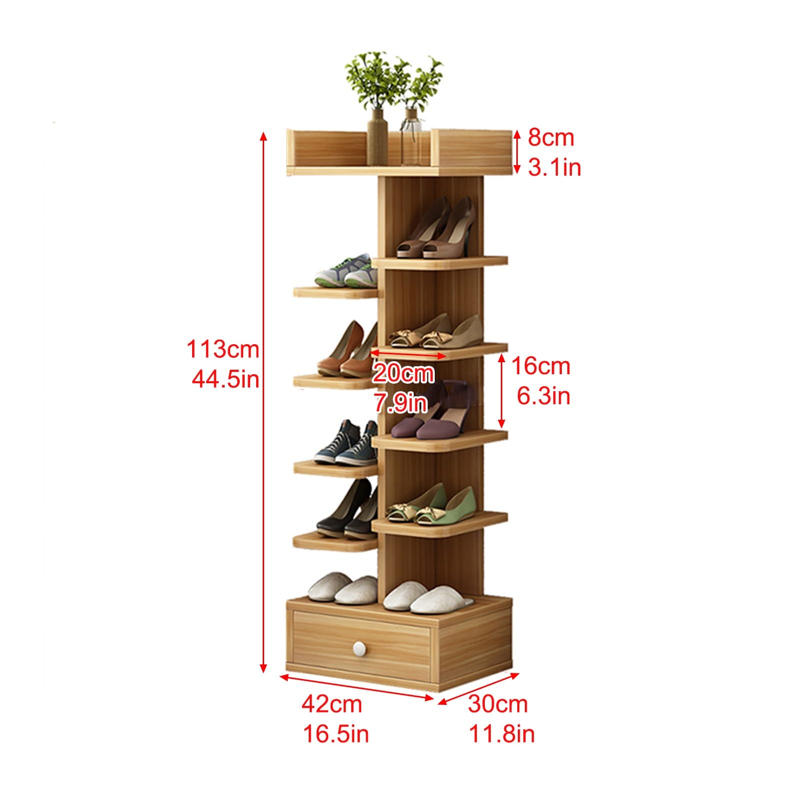 Zapatero Vertical de 5, 6, 7 y 8 Niveles para Entrada y Dormitorio, solución de Almacenamiento de Zapatos Estrecho, Elegante diseño Rojo (113 x 42 cm/44,5 x 16,5 Pulgadas)