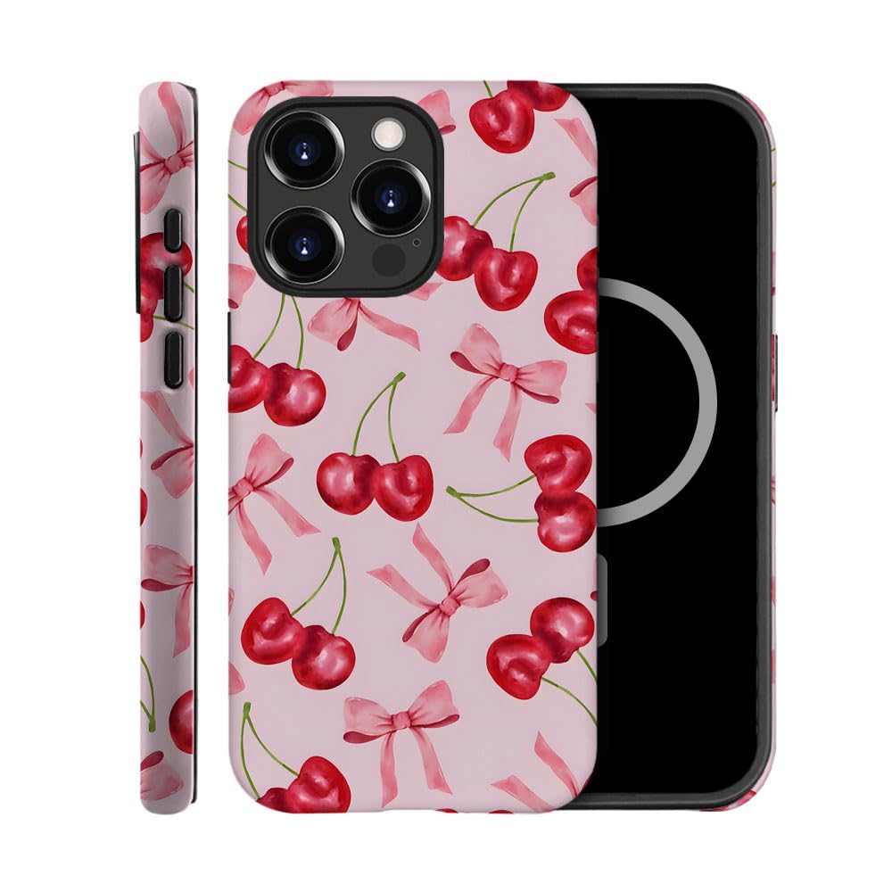 TnXee Case Compatible with iPhone 14 Pro Max,Compatible with MagSafe,Fall Prevention Hybrid 2-Layer Hard Shell Cases for Girls Boys,Pink Bow Cherry