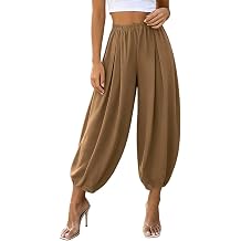 Beessbest Cropped Pants for Women Harme High Waisted Pants Pull On Elastic Waist Pant Pleated Loose Pant for Beach Vacation