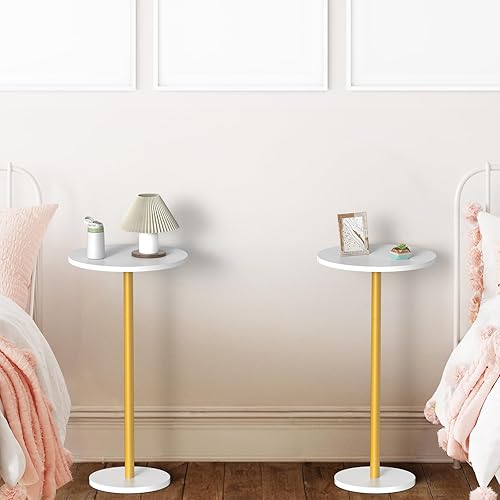 Miniatura 7 de Juego de 2 mesas auxiliares redondas pequeñas blancas para bebidas con pedestal para espacios pequeños, mesa de café redonda de cóctel para sala de