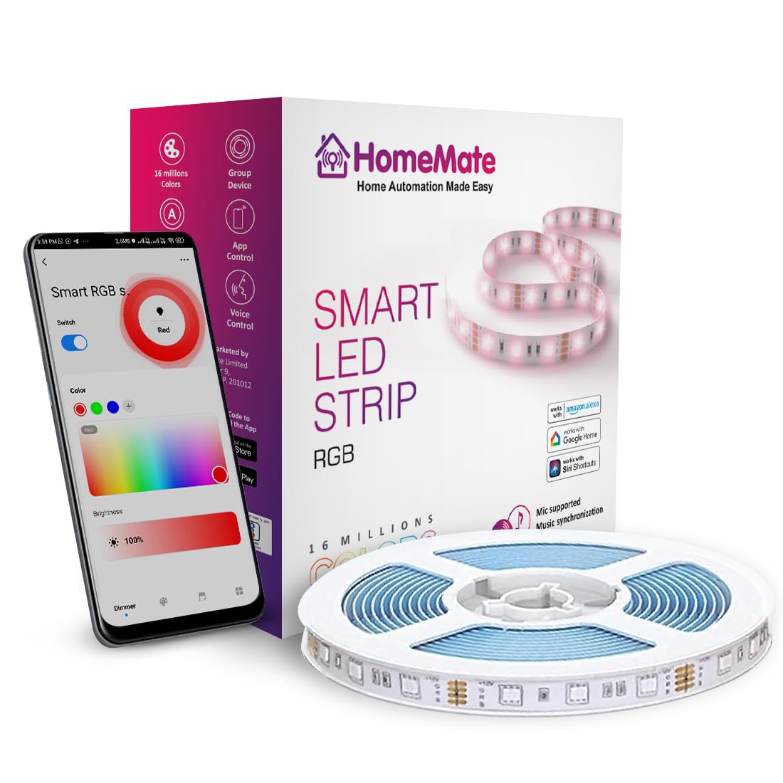 HomeMate Wi-Fi Multicolour Smart LED Strip Kit | 5 Meters | Music Sync Feature | No Hub Required | Works with Amazon Alexa, Google Home & Siri (RGB 5 Meter Kit with Built-in Mic Controller) (B07HRXS7YD) Amazon Price History, Amazon Price Tracker