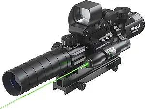 PINTY Rifle Scope Combo, Rangefinder Riflescope with Red Dot Sight & Laser, Illuminated Gun Scope with Adjustable Red & Green Reticle for Hunting Shooting Airsoft