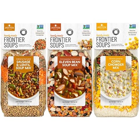 Frontier Soups Hearty Meals 3 Flavor Variety Bundle: (1) Indiana Harvest Sausage & Lentil, (1) Minnesota Heartland 11-Bean and (1) Illinois Prairie Corn Chowder, 16 oz each (3 Bags Total) Cover