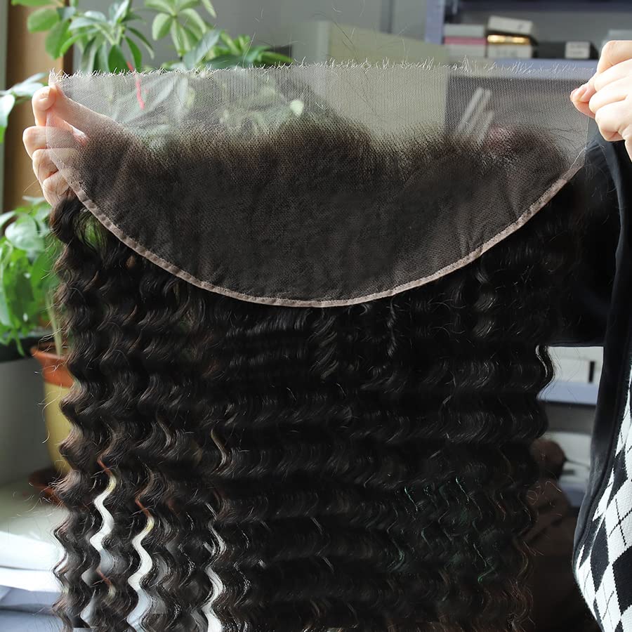 BEEOS 13x4 SKINLIKE Real HD Lace Frontal, Deep Wave Human Hair Ultra-thin Top Swiss Lace Frontal Pre-Plucked Hairline Bleached Knots Natural Black Color 22 Inch