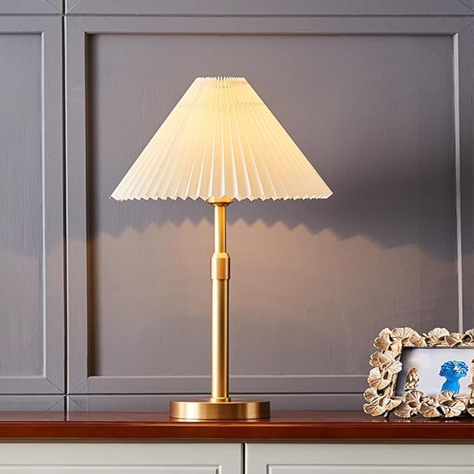 Jadssox Bedside Table Lamp Brass Desk Light Elegant Night Stand Light Luxe Column Table Lamps Desk Lights with Pleated Fabric Shade for Bedroom Bedside Living Room Office Hotel photo 3