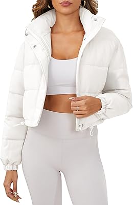 Ogfao Women's Cropped Puffer Jacket Long Sleeve Puffy Coat Stand Collar Zip UP Quilted Padded Drawstring Outwear with Pockets