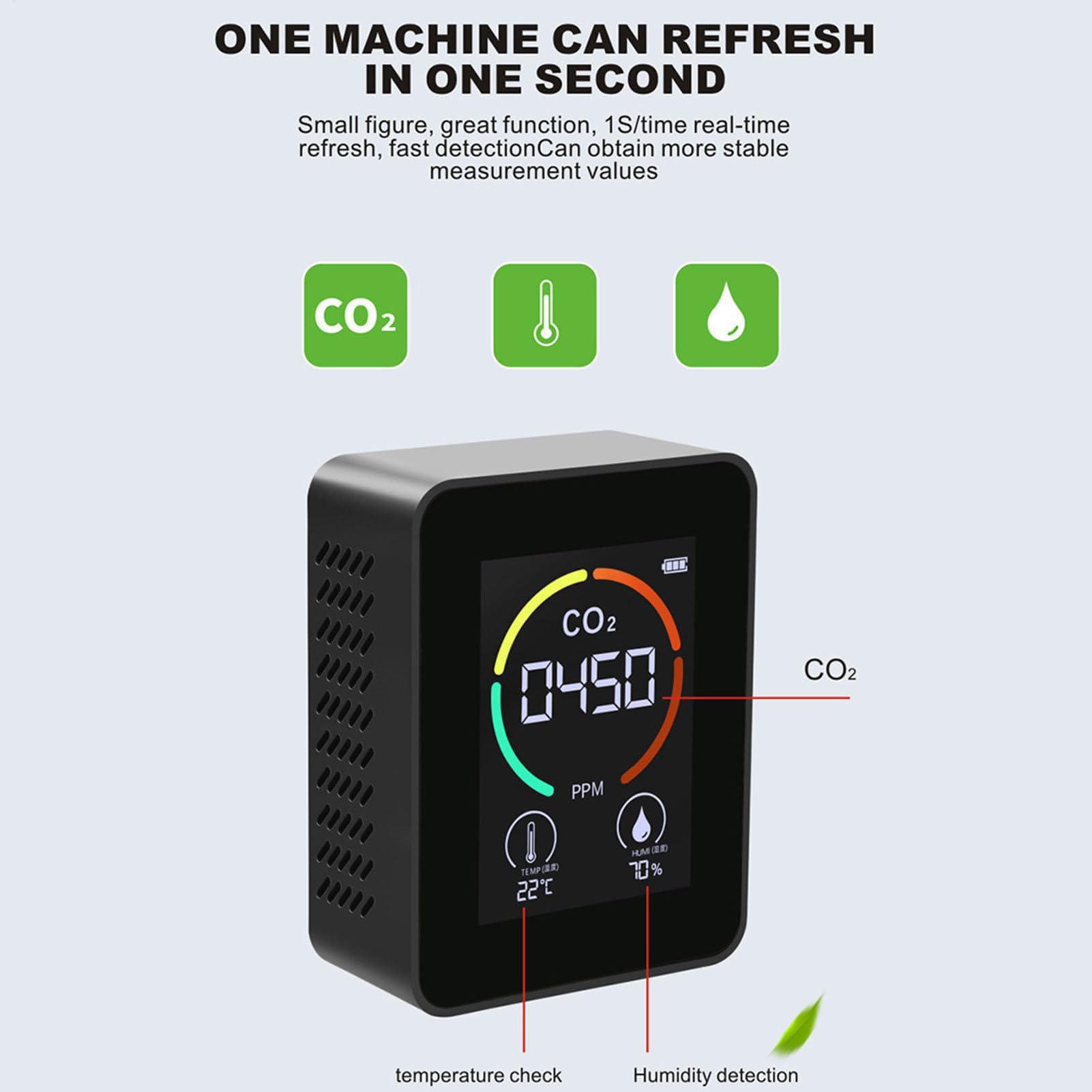 Detector de dióxido de carbono, monitor de calidad del aire para temperatura y humedad, probador de CO2 para el hogar, gimnasio, coche y uso en interiores. Medición precisa del índice de calidad del