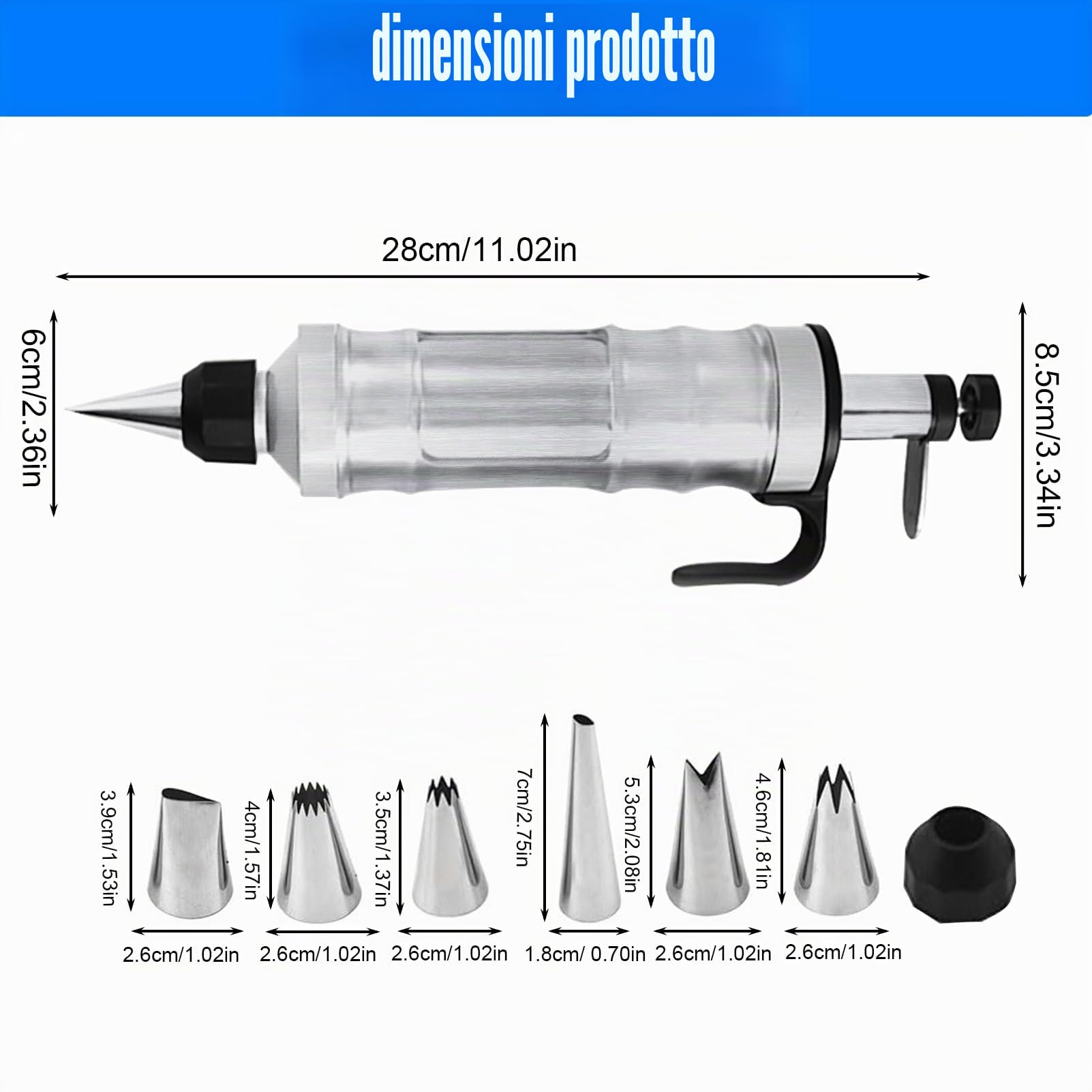 Siringa Professionale in Acciaio Inox per Pasticceria Con 6 Beccucci - per Torte, Marmellata, Cupcake, Biscotti - Colore Nero