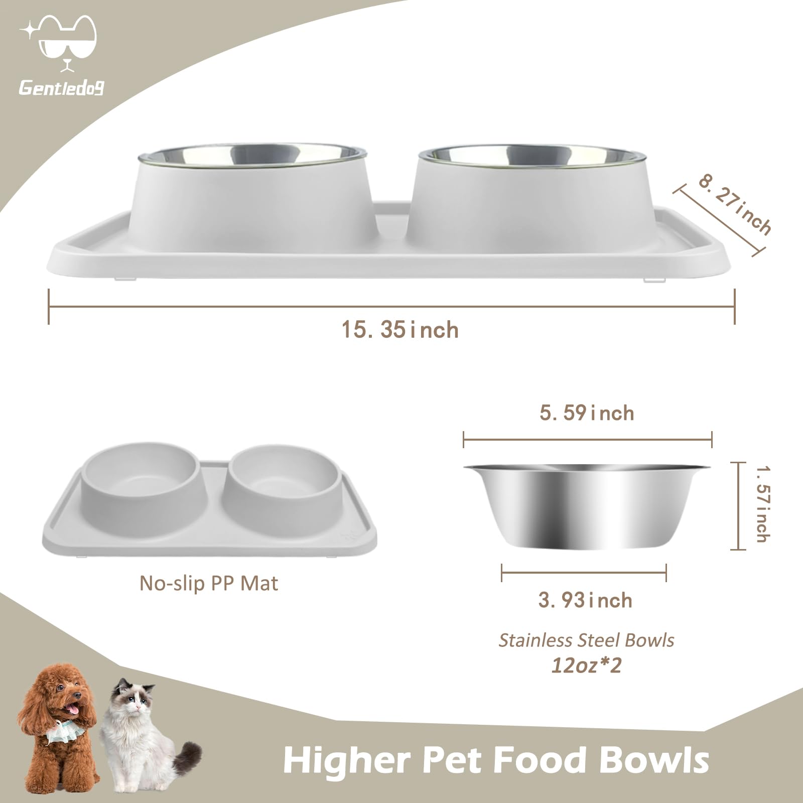 Gamelles pour chat pour nourriture et eau, double gamelles amovibles en acier inoxydable de qualité supérieure avec fond antidérapant et support surélevé pour animaux de compagnie et petits