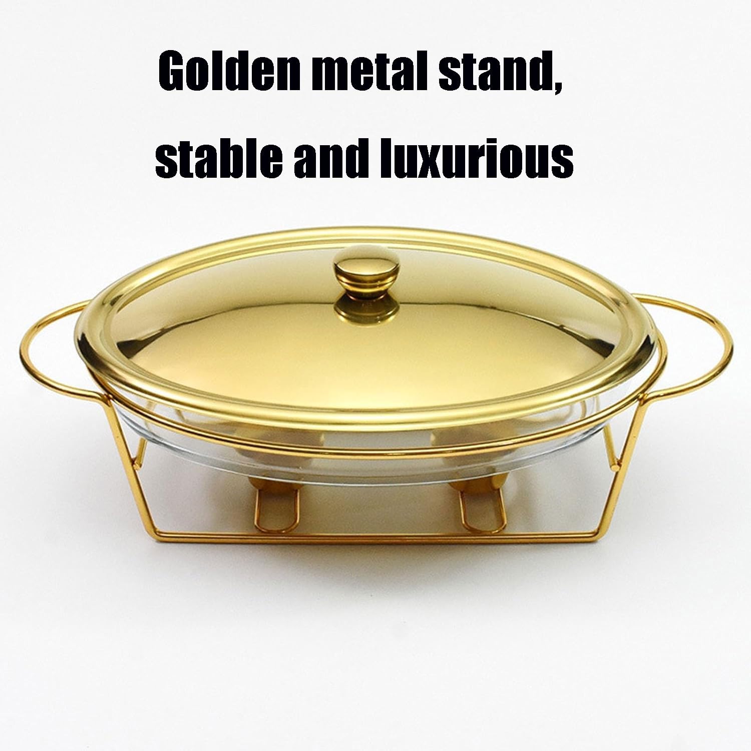 Juego de platos para buffet con olla de vidrio y tapa, recipiente ovalado de 3 L, soporte de metal para catering, bodas, fiestas, banquetes y eventos