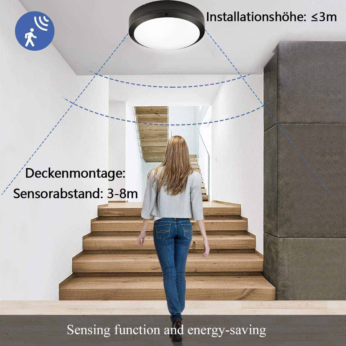 KZT Plafón LED con detector de movimiento IP65 impermeable lámpara sensor 18W Luz de Techo con Sensor de Microondas Aluminio redonda Lámpara de Techo para Baño Balcón Pasillo blanco frío Ø27.5CM