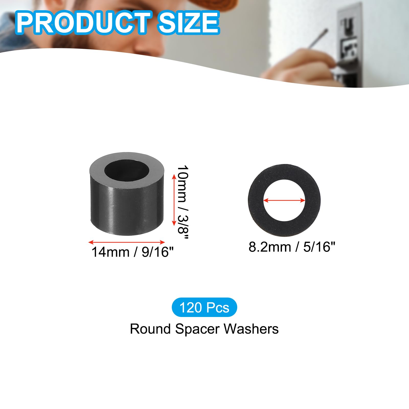 PATIKIL 120Pcs M8 ABS Spacers 5/16" ID x 9/16" OD x 3/8" L Plastic Round Spacer Washers Black Standoff Nut Unthreaded for M8 or 5/16 inch Screws Bolts Electrical Outlet - Image 2