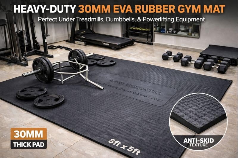 Image of iDOL Gymflow 30mm Thick EVA Rubber Gym Mat 8x5 Ft | Rigid Non-Slip Floor Mat for Gym Machines & Dumbbell Area | Heavy-Duty Shock Absorbing Home Gym Flooring (Black)