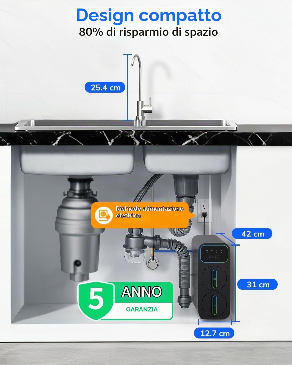 Ecoviva E6 Filtro d'acqua compatto e sottile a osmosi inversa, filtro sotto lavello da 600 GPD con rubinetto, sistema RO a 9 stadi senza serbatoio, riduce il TDS, design compatto