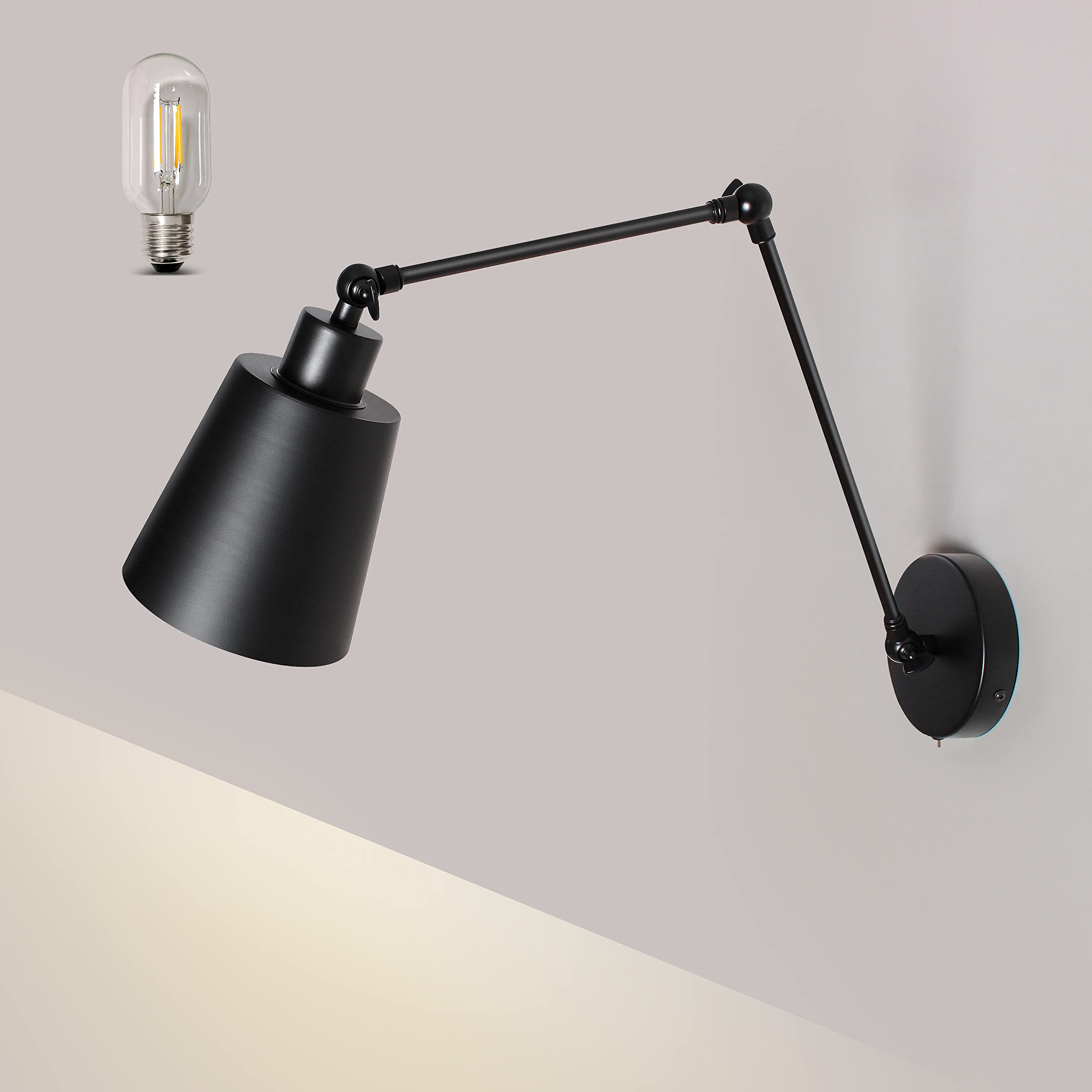 Kinkiety obrotowe z przełącznikiem 60cm kinkiety ścienne, sypialnia lampka nocna z kloszem, stożek oświetlenie wewnętrzne do czytania (żarówka w zestawie)