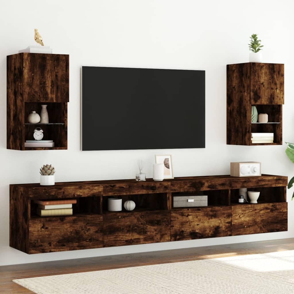 vidaXL Muebles para TV con Luces LED 2 uds, Soportes Flotantes con Almacenaje, Armarios Consolas de Pared, Muebles Multimedia de Salón, Roble Ahumado