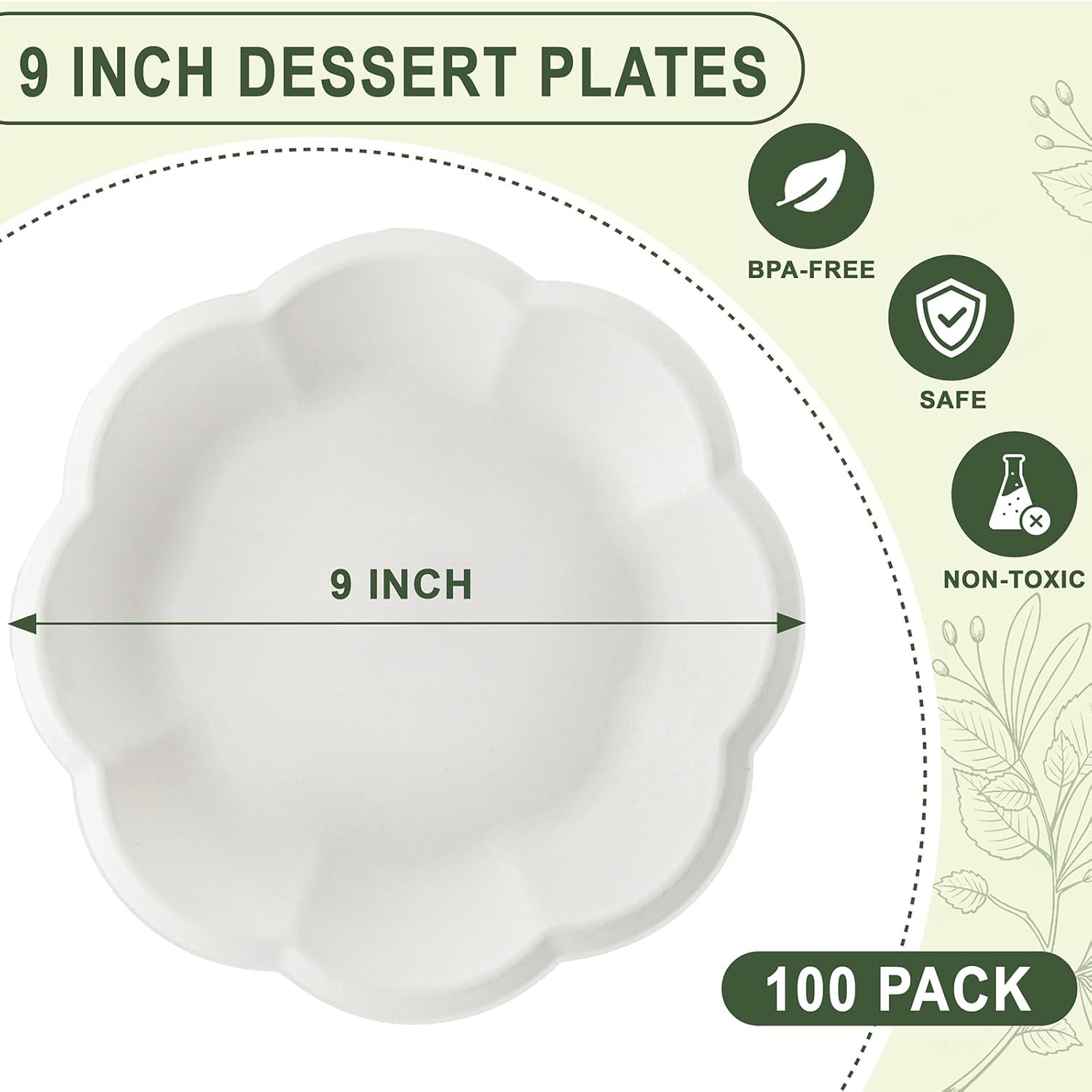 WELLIFE Dessert Plates 9 inch Paper Plates Disposable 100 Pack Scalloped White Paper Plates Heavy Duty Compostable Bagasse Birthday Party Supplies Dinner Plates for Wedding Tea Party