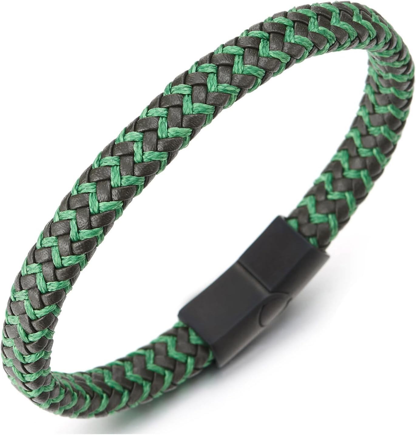 COOLSTEELANDBEYOND Green Braided Bracelet for Men, Dual-Tone Woven Design with Black Steel Clasp, Casual Wristwear