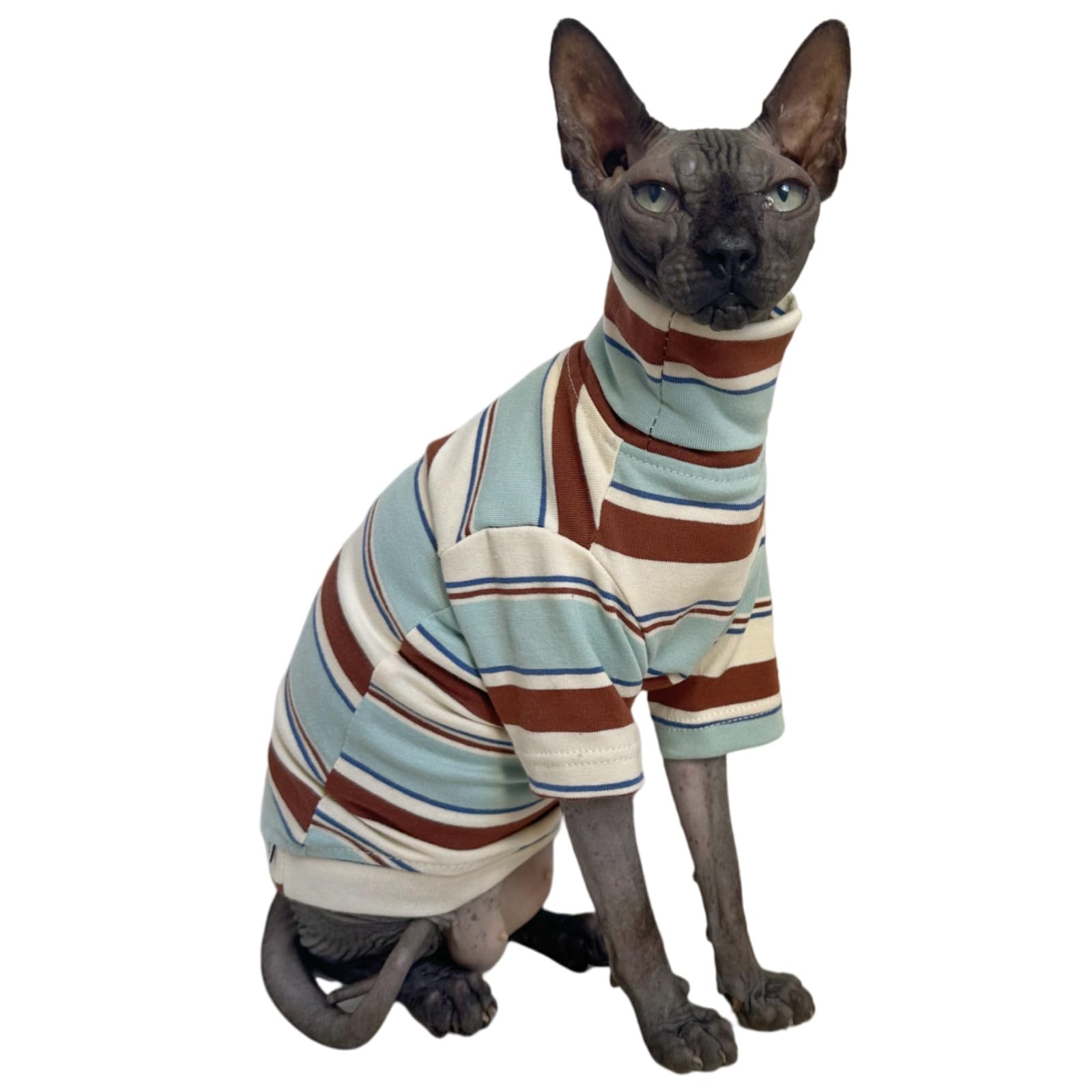 Vintage Stripes Sphynx Hairless Cats Shirt Cotton Cat Turtleneck Pet Clothes Kitten T-Shirts with Sleeves for Sphynx Cornish Rex, Devon Rex, Peterbald