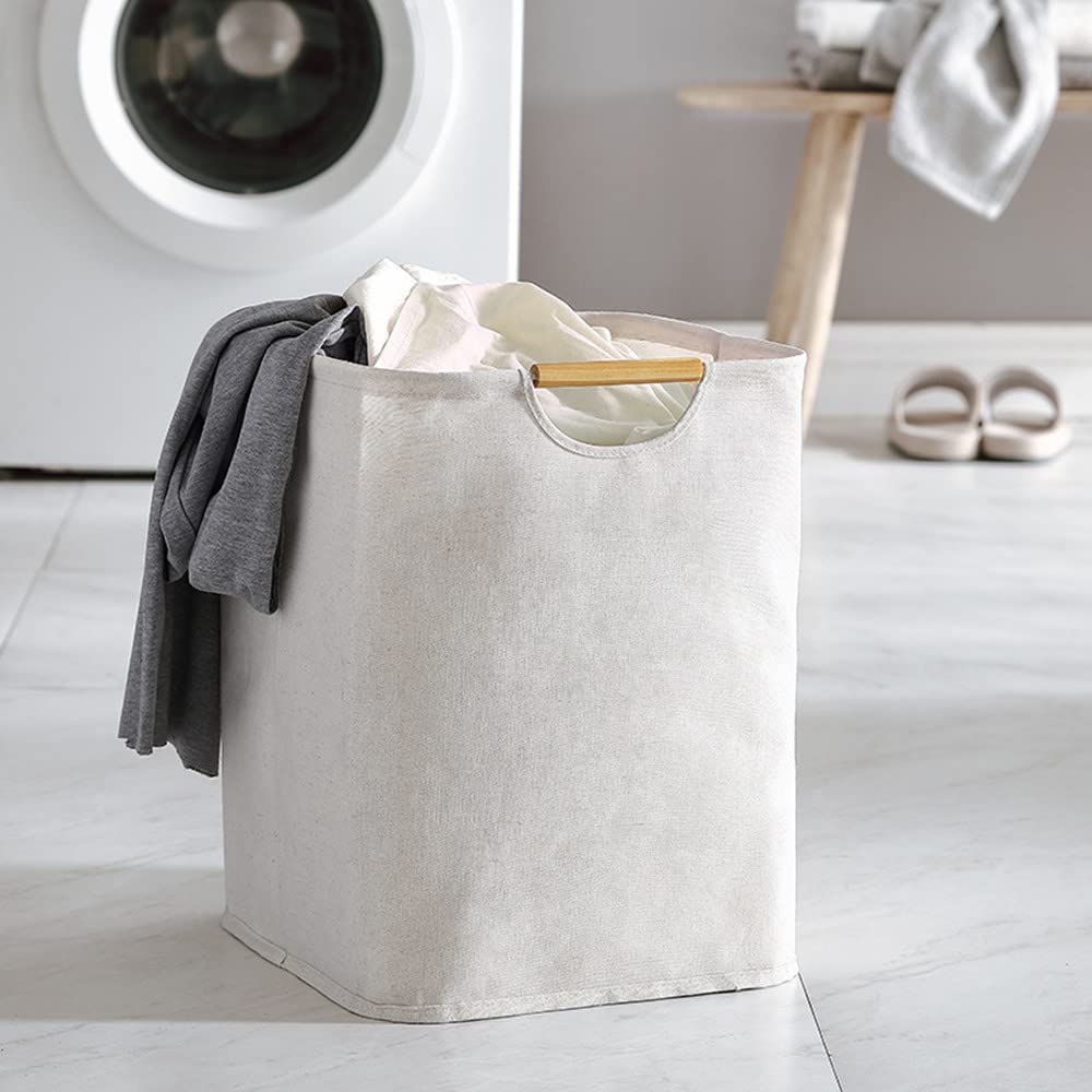 Cesto Ropa Sucia Plegable Portátil 40×30×30 cm con Mango de Madera, Impermeable para Salas, Dormitorios, Viajes