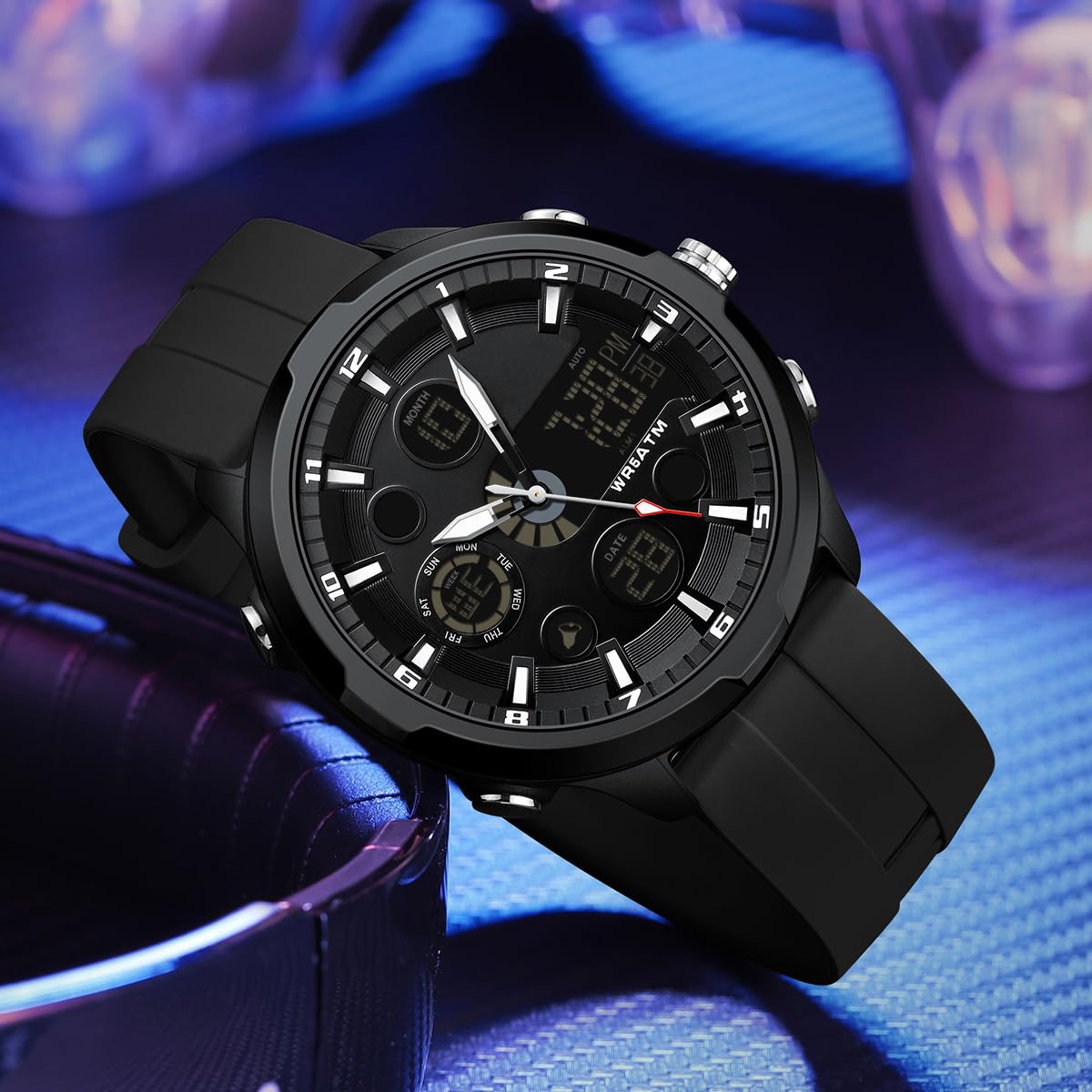 findtime Orologio sportivo da uomo, doppio fuso orario, analogico, digitale, militare, impermeabile, tattico, casual, 50 mm, con sveglia luminosa a LED, snooze, cronometro, lunetta in lega