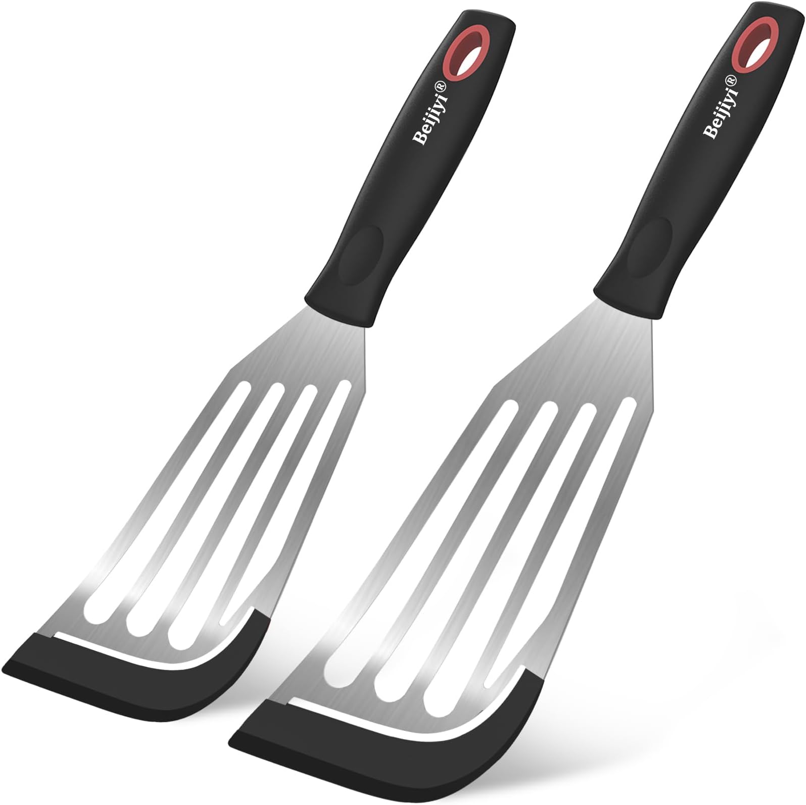 Beijiyi Fish Spatula Turner Set of 2, Heat Resistant Silicone Edge Slotted Fish Spatulas for Nonstick Cookware, Flexible and Thin Stainless Steel Kitchen Cooking Spatula Flipper for Fish, Egg, Pancake