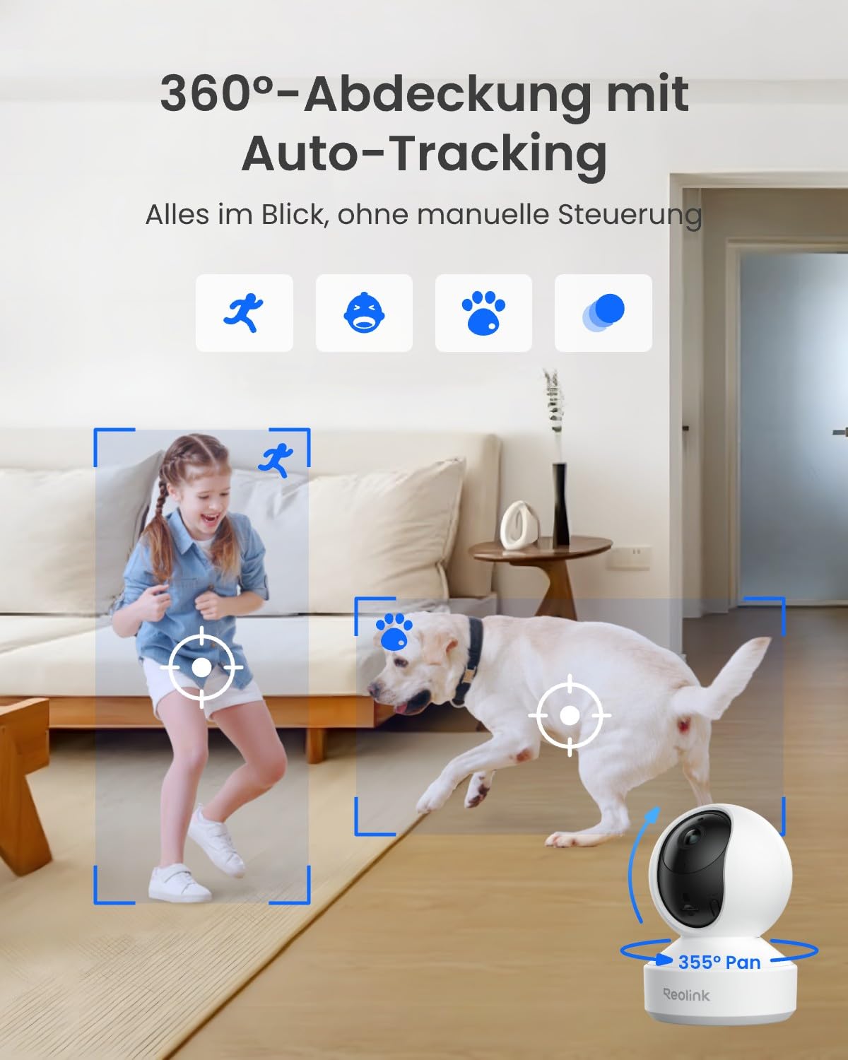 Reolink 3K Überwachungskamera Innen WLAN Schwenkbar, Home und Baby Monitor mit Personen-/Haustier-/Baby-Schreierkennung, Auto-Tracking, 2,4/5GHz WiFi IP Kamera Indoor, 5MP IR-Nachtsicht, E1 Pro