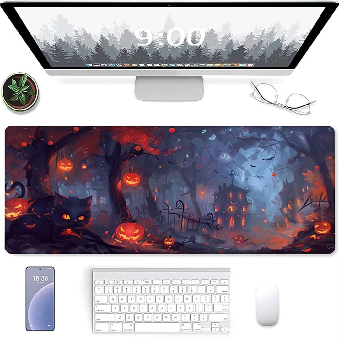 Excel Shortcut-Tasten-Mauspad - erweitertes großes 1200 x 600mm XL-Spickzettel-Gaming-Mauspad | PC-Büro-Tabellenkalkulation-Tastaturmatte | rutschfeste genähte Kante Schwarz Katze