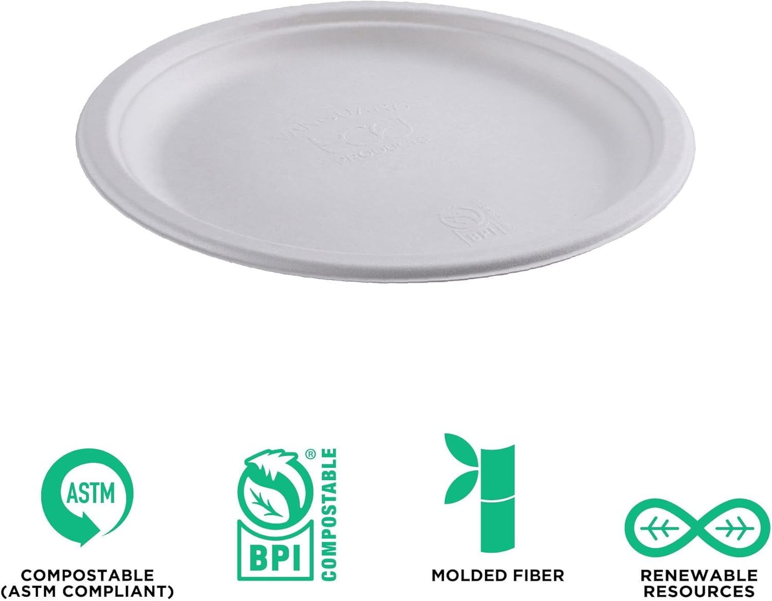 ECO PRODUCTS Compostable Vanguard 10" Paper Plates, Case of 500, Disposable White Molded Fiber, Round, Tree-Free, Stronger Than Paper & Styrofoam, No-Added PFAS, ASTM Compliant, BPI-Certified