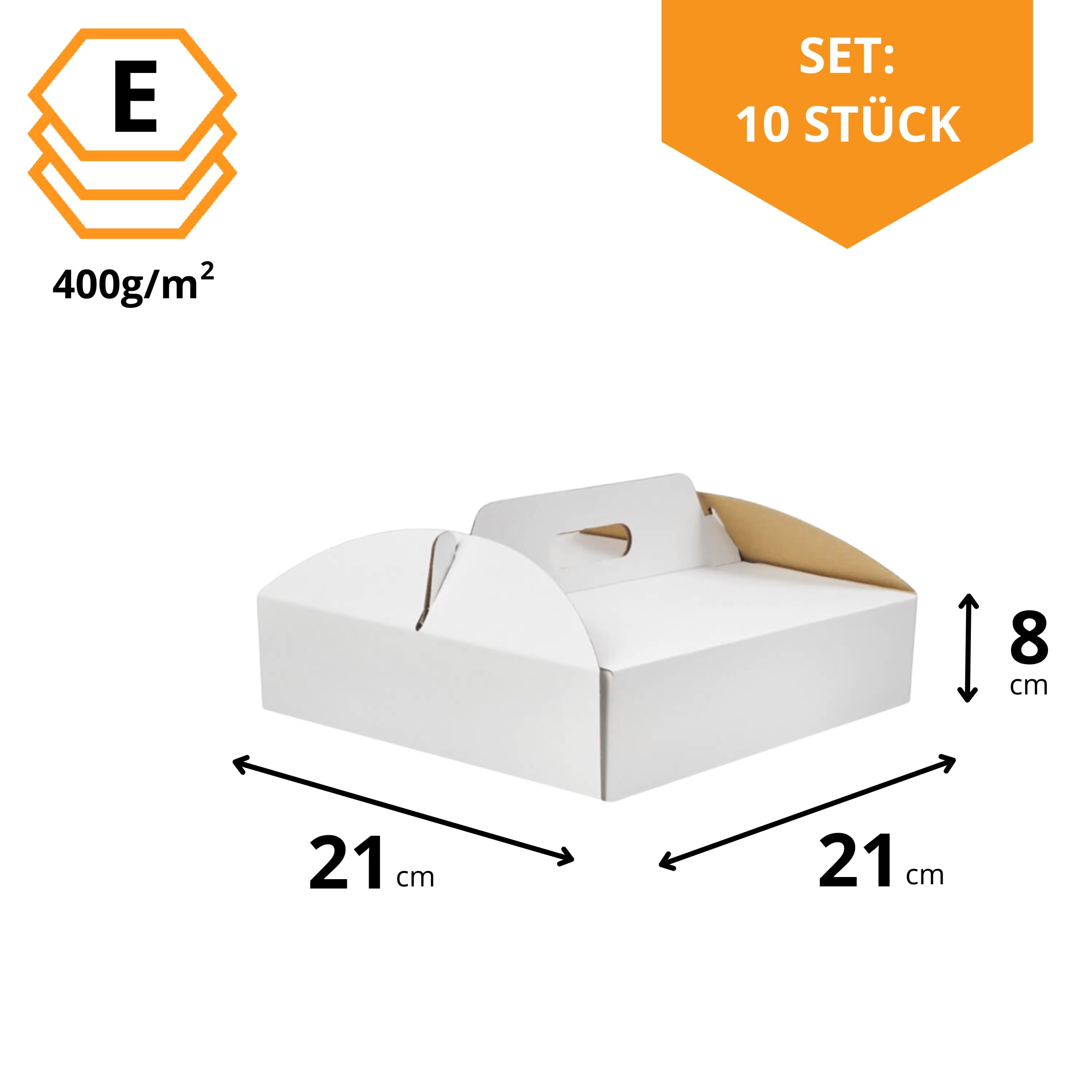KAPAK 10er Tortenkarton Weiß 21x21x8 cm - Kleine Tortenbox mit Griff - Kuchen Transportbox für Gebäck, Cupcakes & Bento Cakes - Tortentransportbox aus Wellpappe