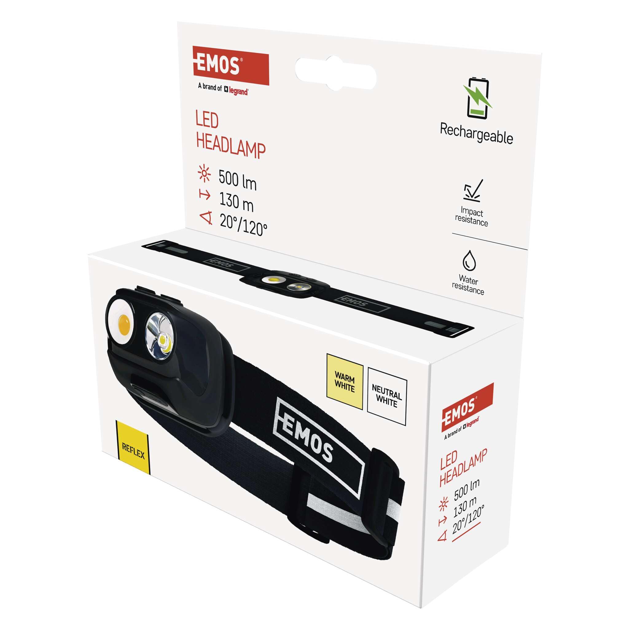 EMOS Lampe frontale LED rechargeable, 7 modes de lumière, blanc neutre et blanc chaud, détecteur de mouvement, durée de 6,5 heures, luminosité 500 lm, portée de 130 m, LED + COB LED pour extérieur,