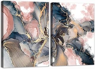 LZIMU Abstract Canvas Prints Wall Art 2 Panel Texture Paint Stains Blue Rose Gold and Pink Picture Wall Decor For Bathroom Bedroom Living Room (12"x16"x2 (30x40cmx2))