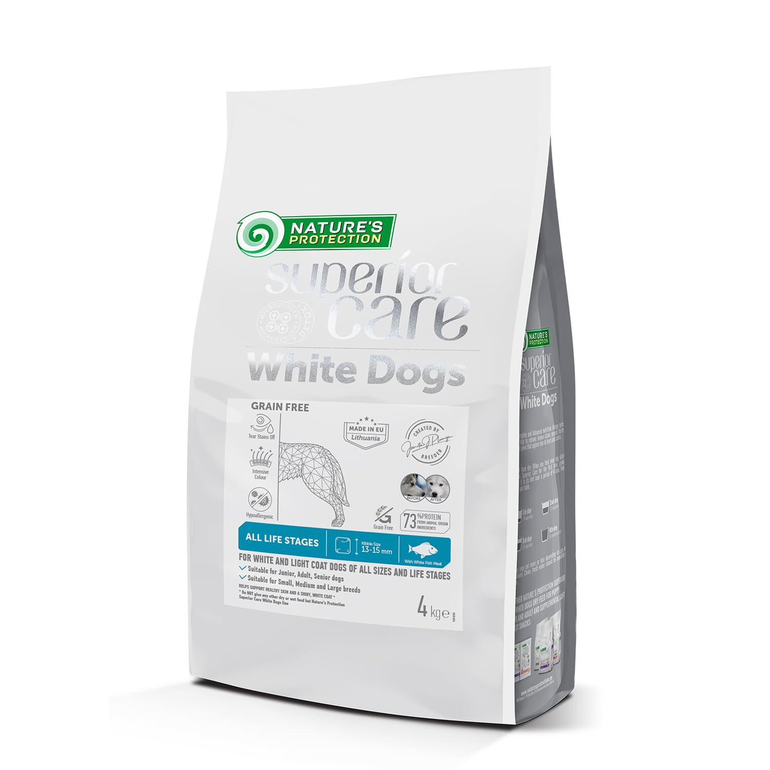 Nature's Protection Superior Care White Dog sucha karma dla psów bez zbóż, dla wszystkich rozmiarów i faz życia, z mąką z białej ryby, większe kawałki, 4 kg