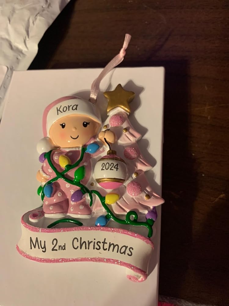 Personalized Baby's 2nd Christmas Ornament Tangled in Light Red