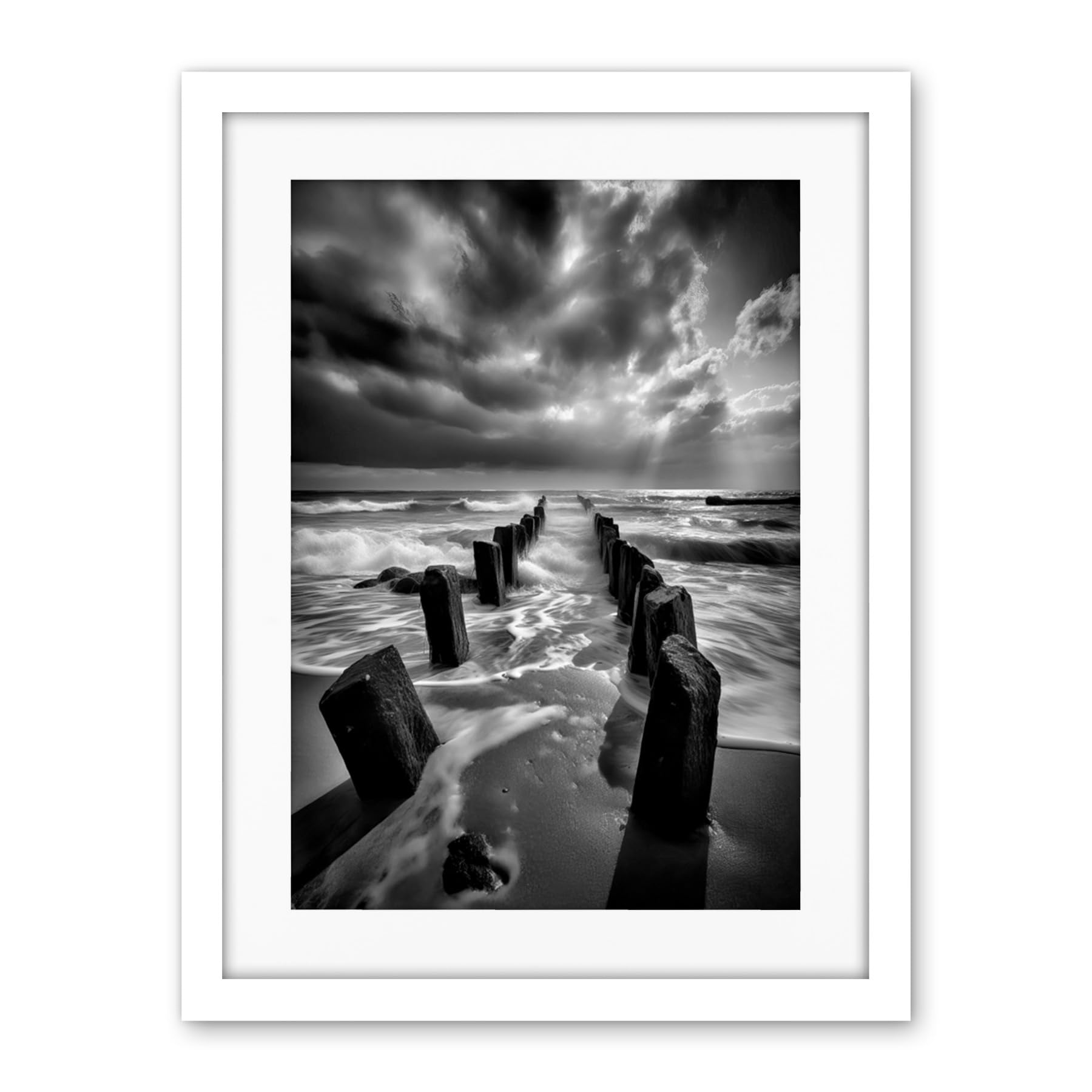 Artery8 Pier Ruins Black and White Dramatic Coastal Photo Artwork Framed Wall Art Print 18X24 Inch