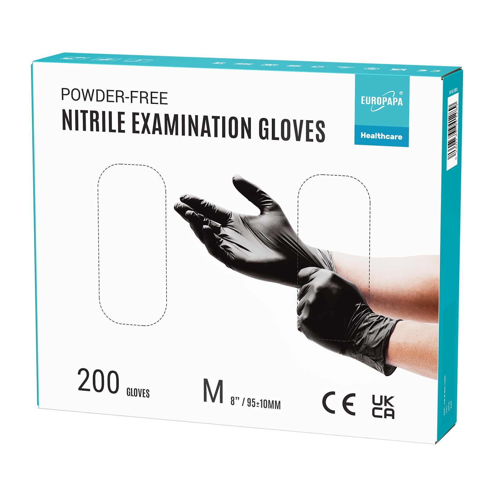 EUROPAPA® 200 guanti usa e getta in nitrile senza polvere EN455 EN374, guanti monouso senza lattice, taglie S, M, L & XL disponibili (M, Nero)