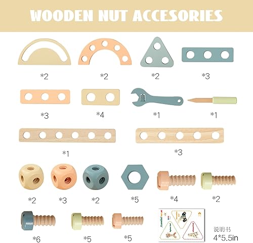 Miniatura 2 de WoodenEdu Juego de herramientas para niños, juguetes Montessori de madera para niños y niñas de 3, 4, 5 años, 56 piezas de herramientas de madera