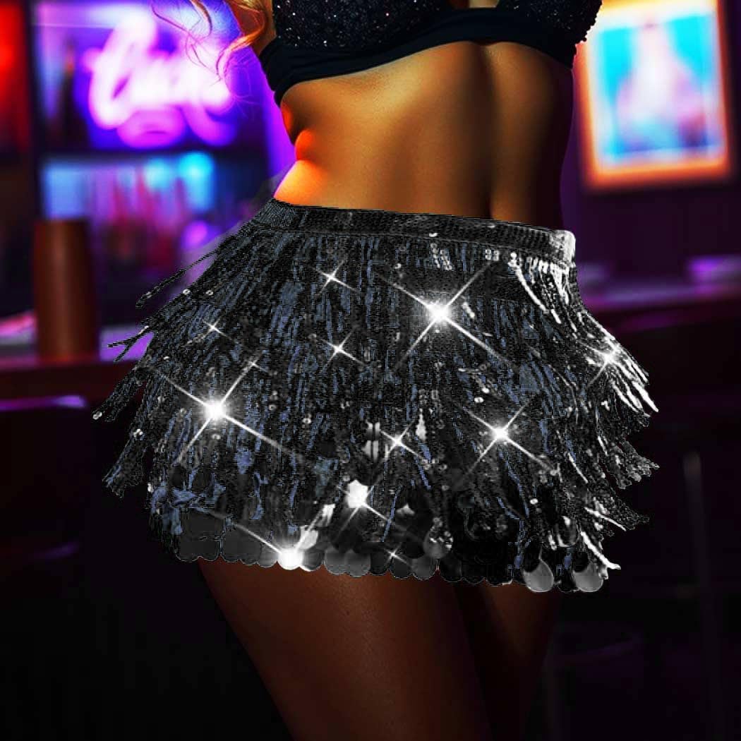 Latious Carnival Black Sequin Skirt Fringe Sparkly Belly Dance Skirt Mermaid Costume Skirts for Women - Image 6