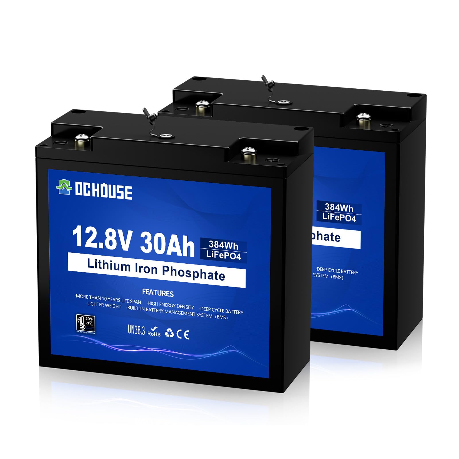 DCHOUSE LiFePO4 Lot de 2 Batteries au Lithium Rechargeables 12V 30Ah avec Cycle Profond 4000 Fois et Protection BMS pour Signal, Fauteuil Roulant, Solaire, Marine, Camping-Car, Chariot élévateur