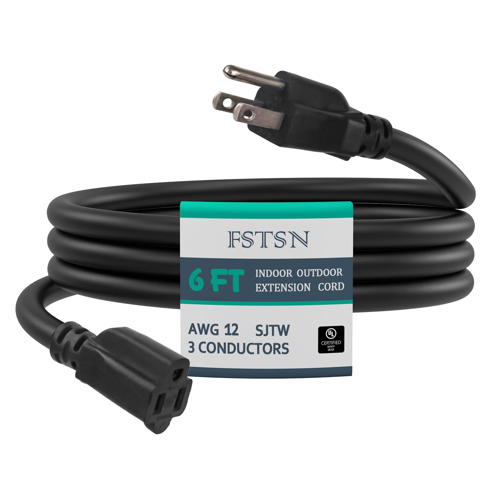 6 FT 12 Gauge Outdoor Heavy Duty Extension Cord - 12/3 SJTW 15 AMP Indoor Power Cord with 3 Prong Grounded Plug for Lawn Mower, Appliances, Workshop, Lights Water Resistant Flexible Cable