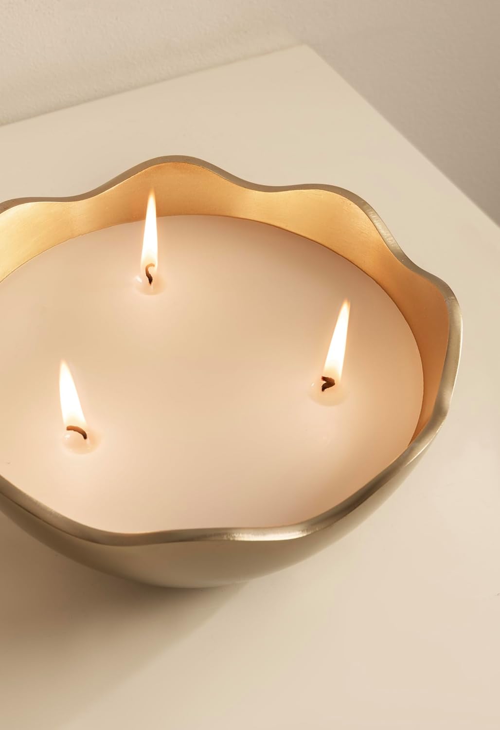 Kate and Laurel Alessia Scalloped Round Metal Candle Bowl, 8 Inch Diameter, Gold, Modern Three-Wick Unscented Candle with Decorative Bowl for Living Room Decor