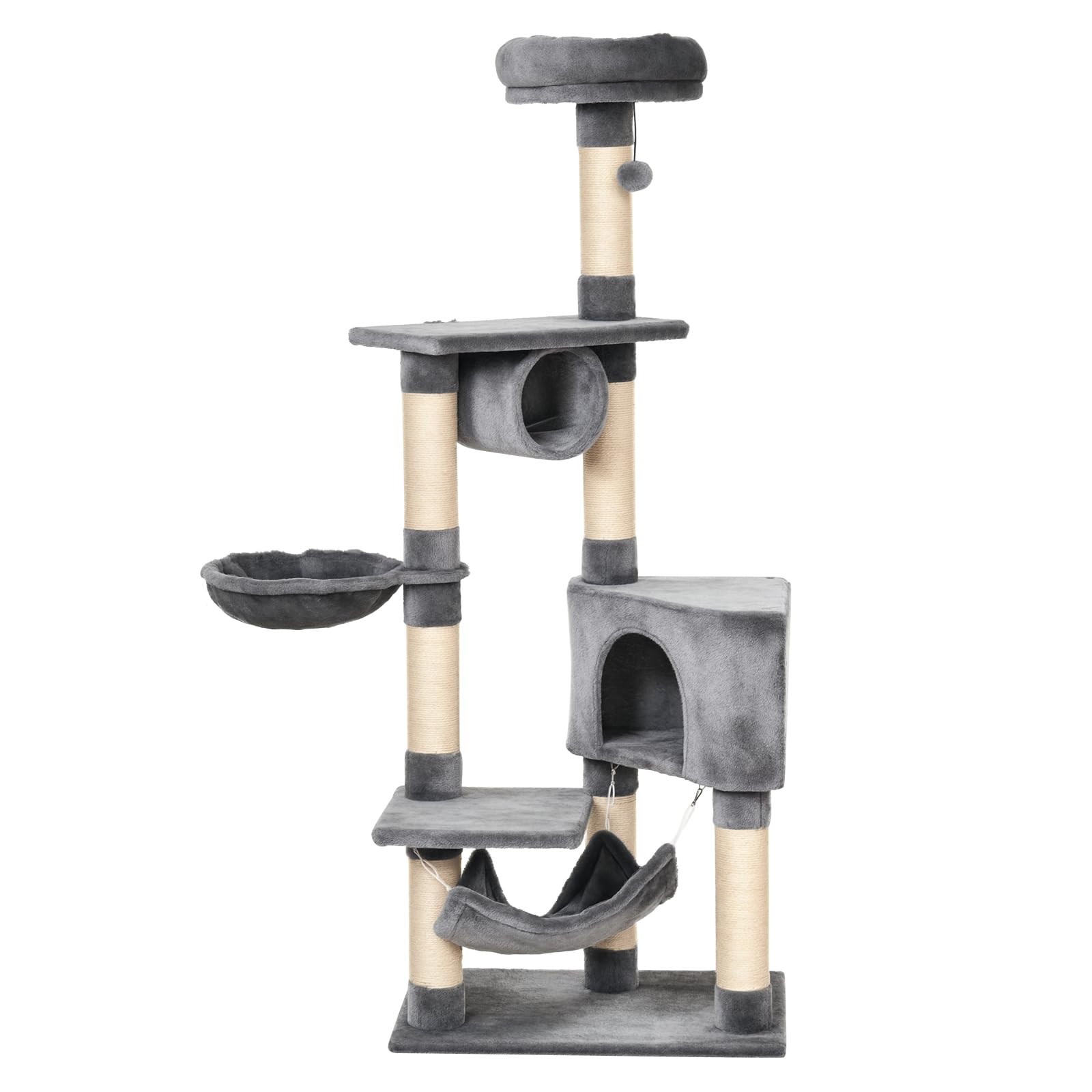 PawHut Tiragraffi a Colonna per Gatti con Cuccia Amaca 60x40x154cm Grigio | Lettini Sospesi, Pali in Corda Sisal